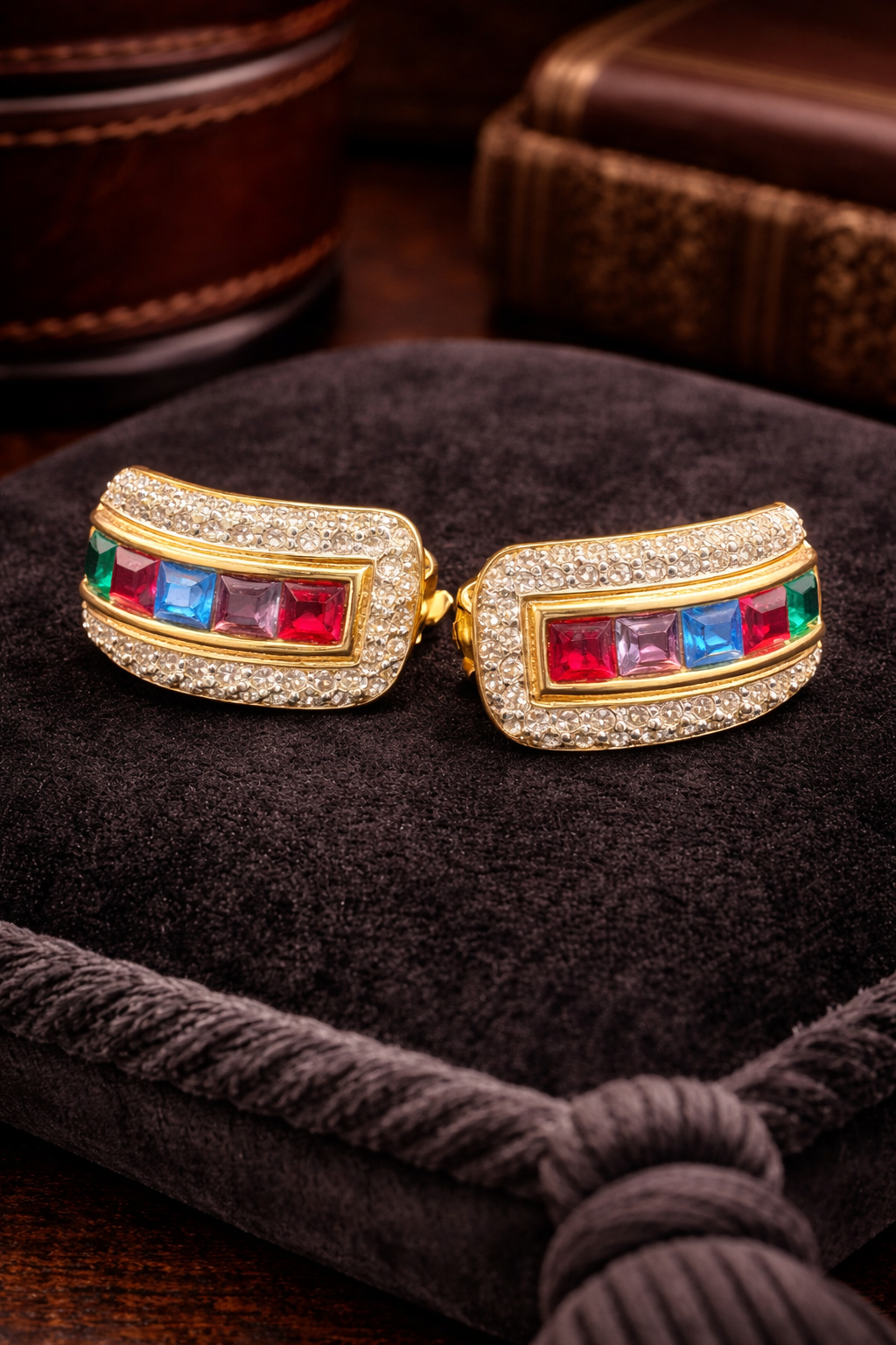 Vintage Piscitelli Gold Tone Rainbow Rhinestone Earrings Crystal Pave Statement Designer Jewelry