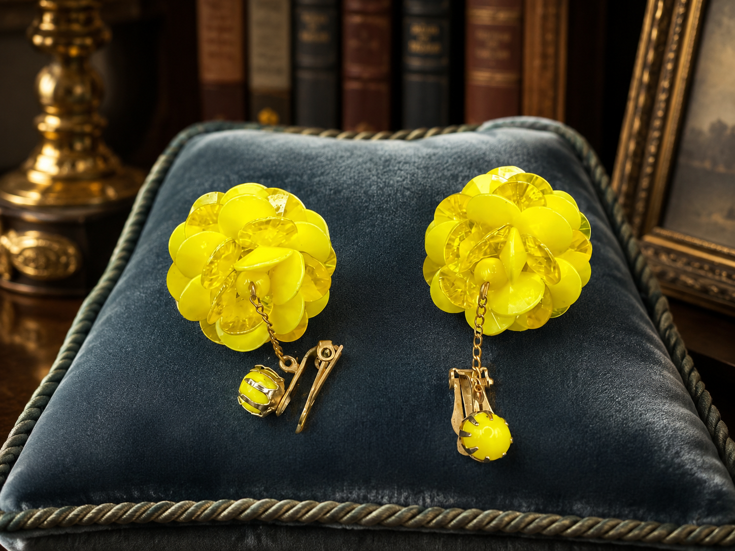Vintage Yellow Flower Dangle Clip Earrings | Dimensional Floral Statement Earrings