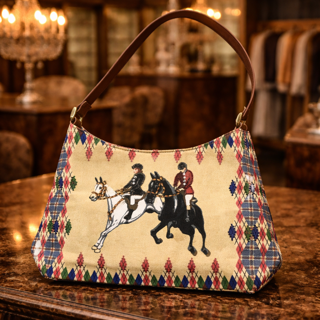 Vintage Bueno 90s Equestrian Fox Hunt Shoulder Bag Argyle Horse Rider Novelty Purse