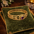 (SOLD) Vintage Victorian Revival Gold Tone Amethyst Glass Bangle Bracelet Openwork Filigree