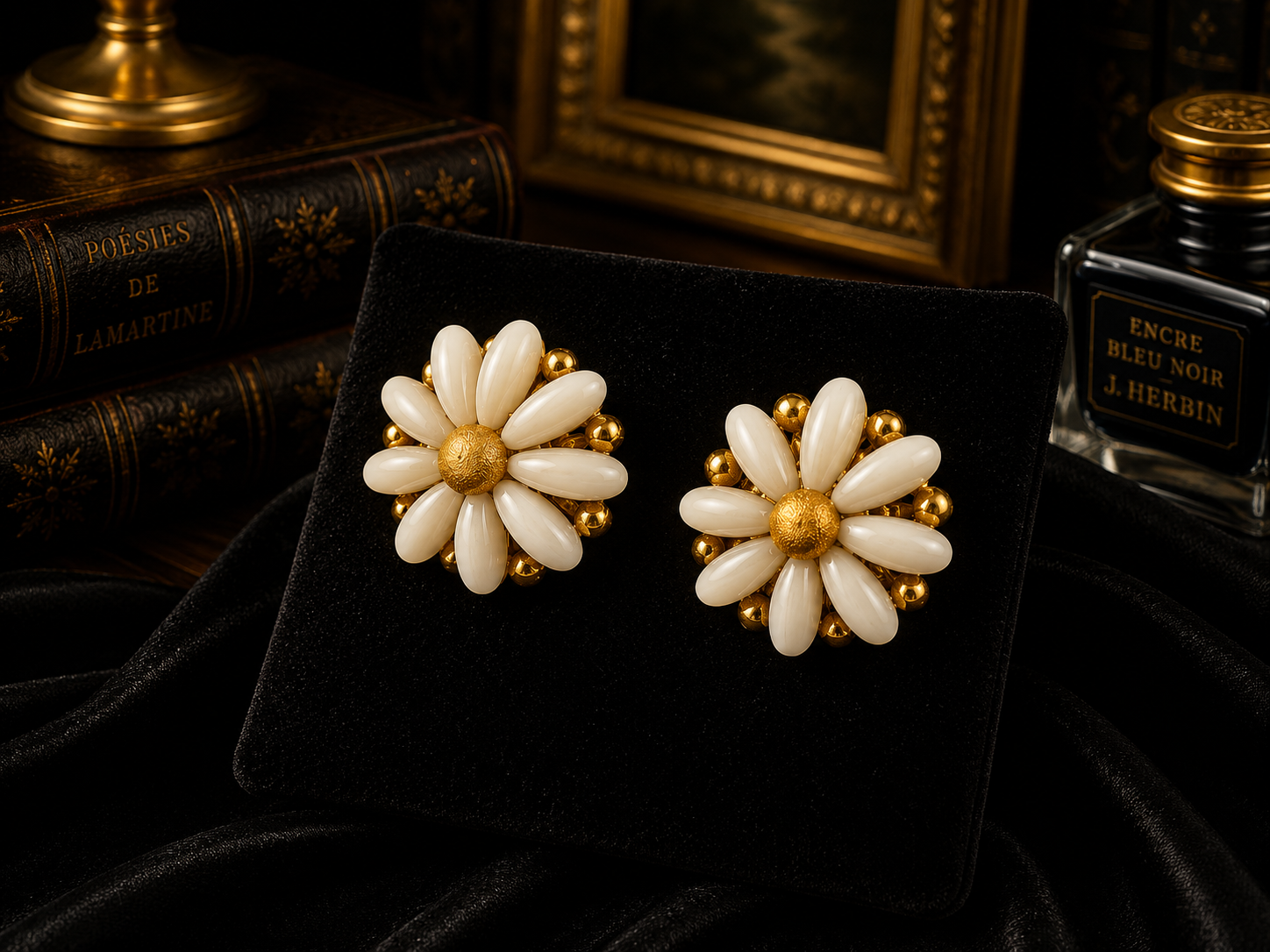 Vintage Gold Tone White Daisy Clip Earrings | Dimensional Floral Button Earrings