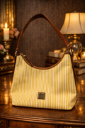 Dooney & Bourke Yellow & White Striped Canvas Shoulder Bag | Leather Trim Summer Tote Purse