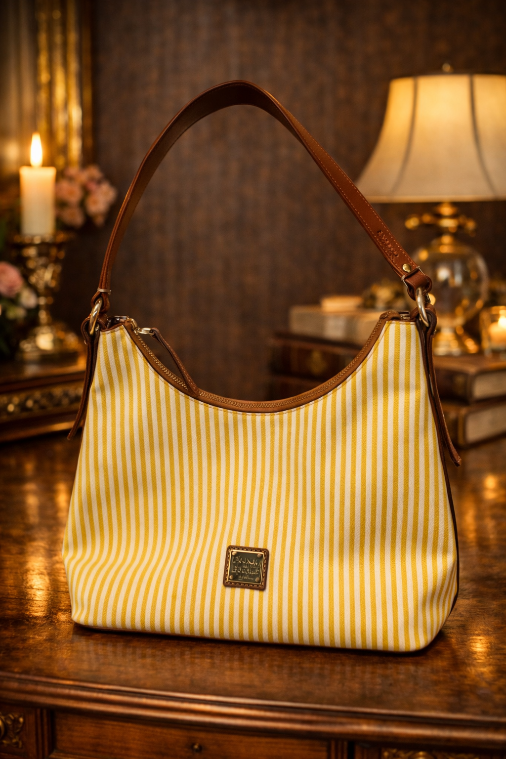 Dooney & Bourke Yellow & White Striped Canvas Shoulder Bag | Leather Trim Summer Tote Purse