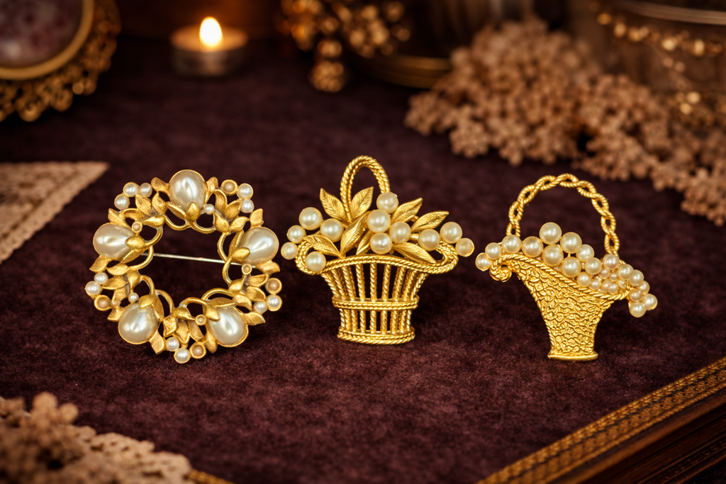 Gold tone faux pearl brooch trio; basket w flowers, wreath and purse with pearl flowers vintage set