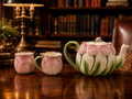 Seymour Mann Tulip Time Ceramic Tea Set, 1987 Pink Tulip Teapot Creamer & Sugar 3-Piece Set