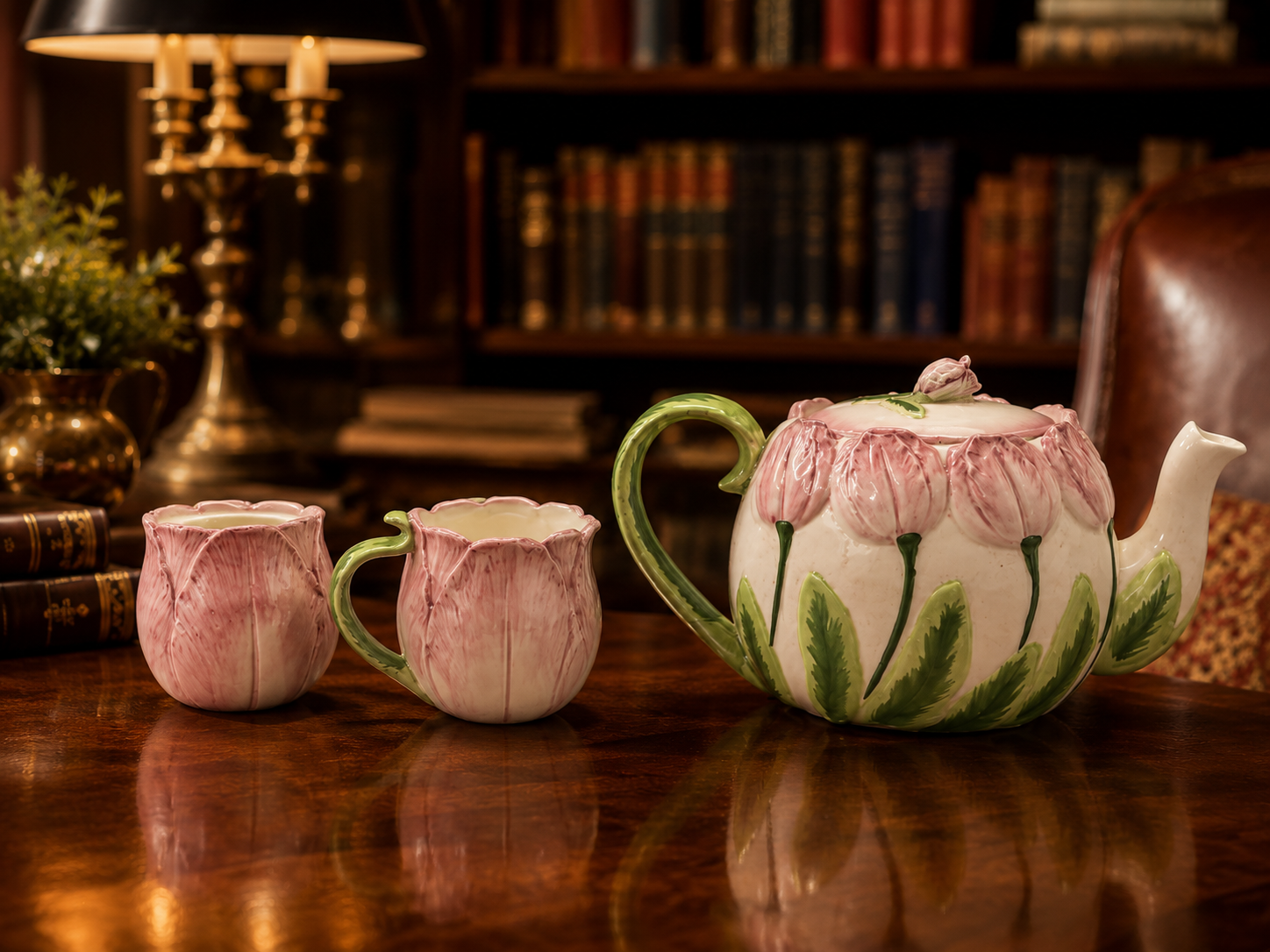Seymour Mann Tulip Time Ceramic Tea Set, 1987 Pink Tulip Teapot Creamer & Sugar 3-Piece Set