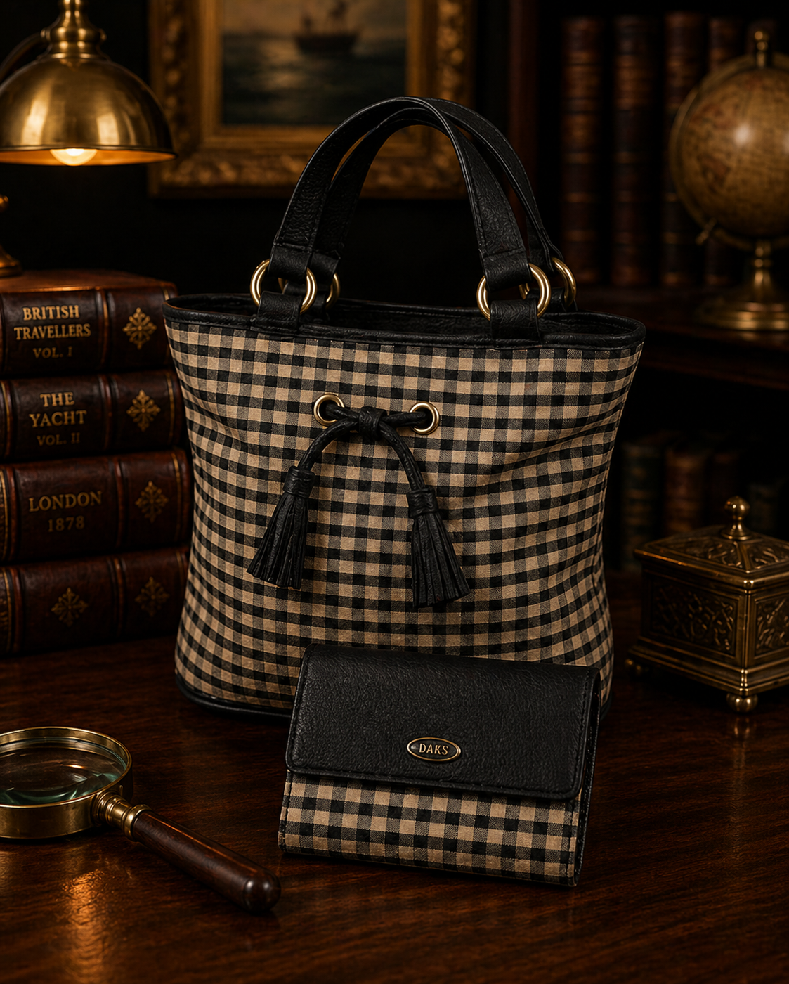Longaberger Black and Brown Check Mini Bucket Purse with Matching Wallet Set