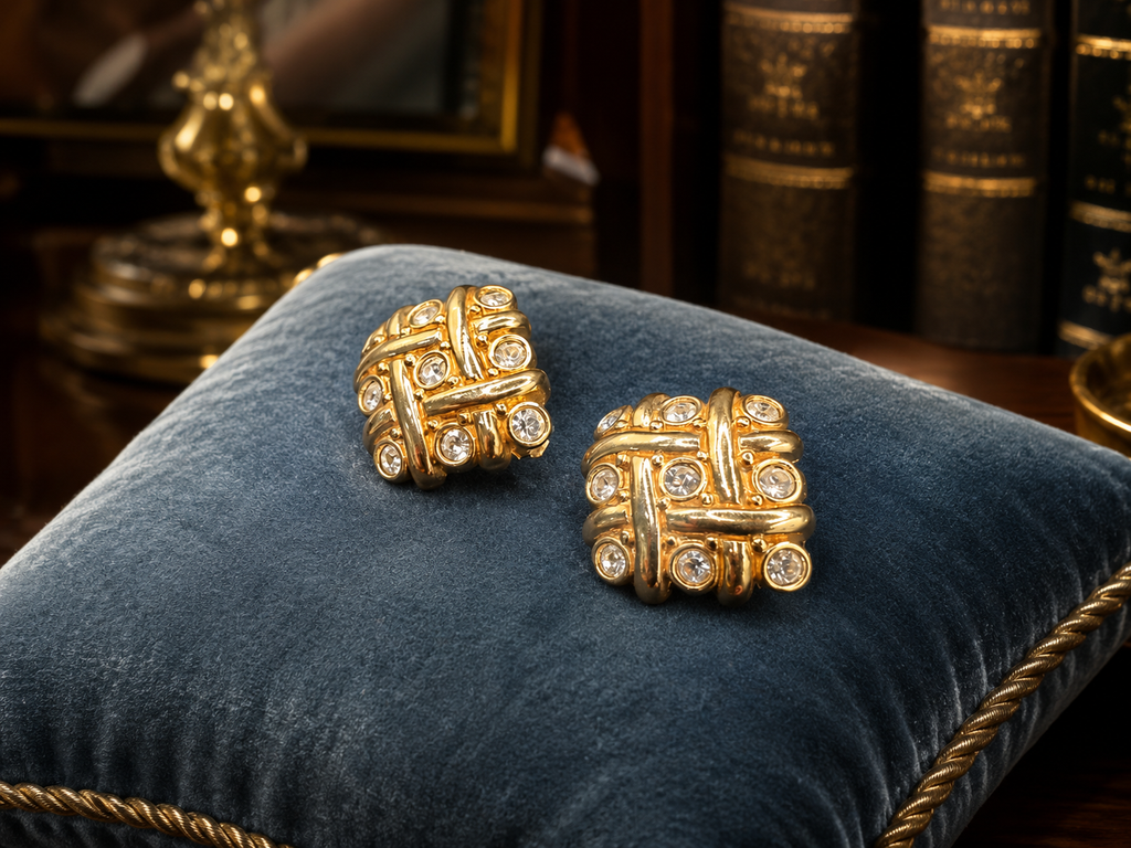 Swarovski Gold Tone Crystal Basketweave Clip Earrings | Signed Designer Statement Earrings