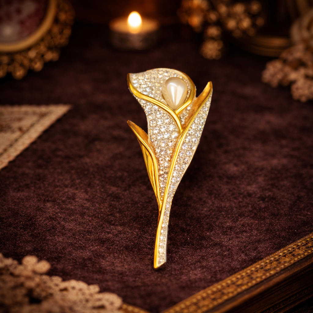 Swarovski Gold Tone Calla Lily Brooch Pave Crystal Flower Pin Faux Pearl Center Signed