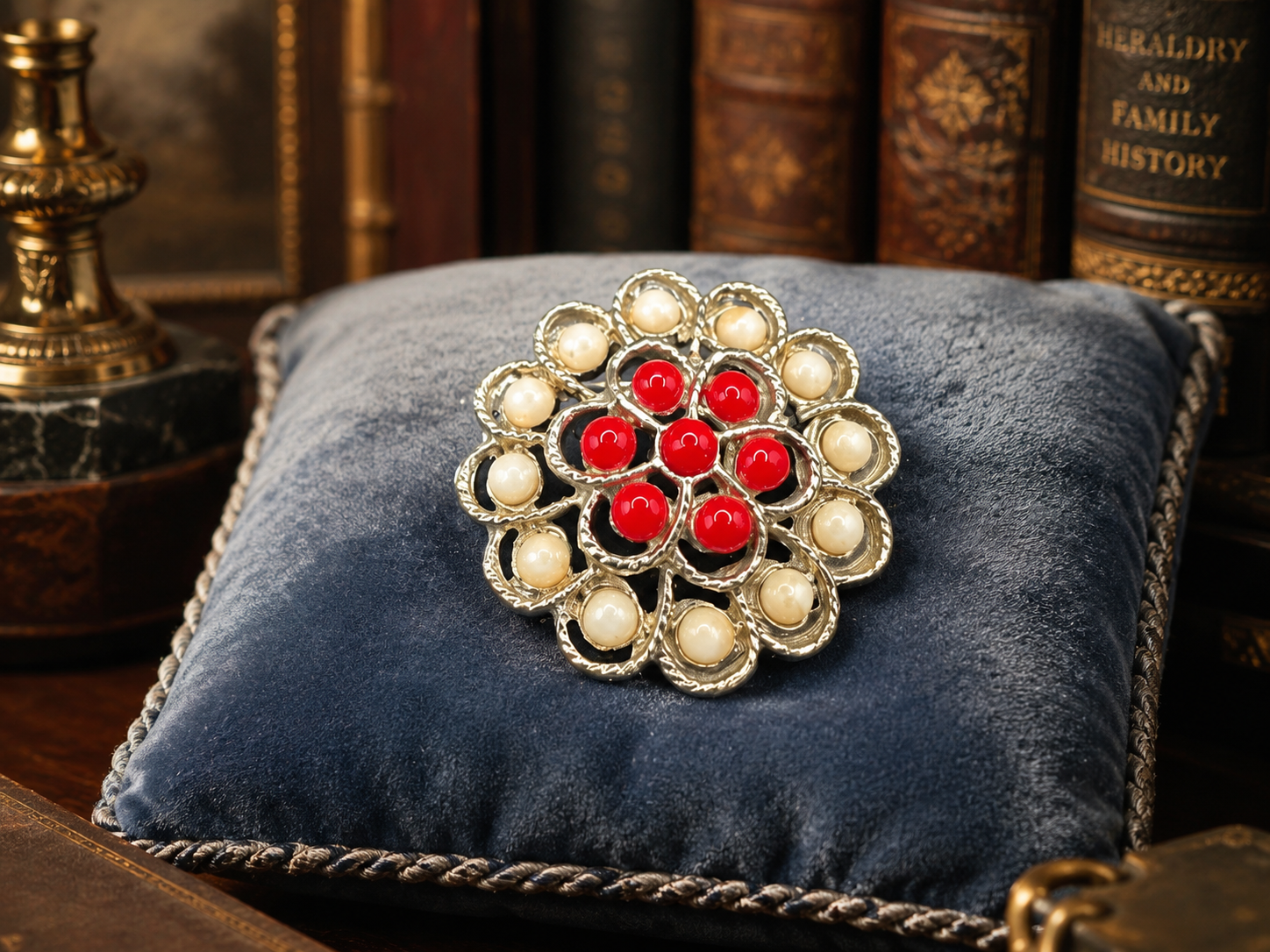 Silver Tone Red and Cream Bead Flower Brooch | Vintage Floral Cluster Pin