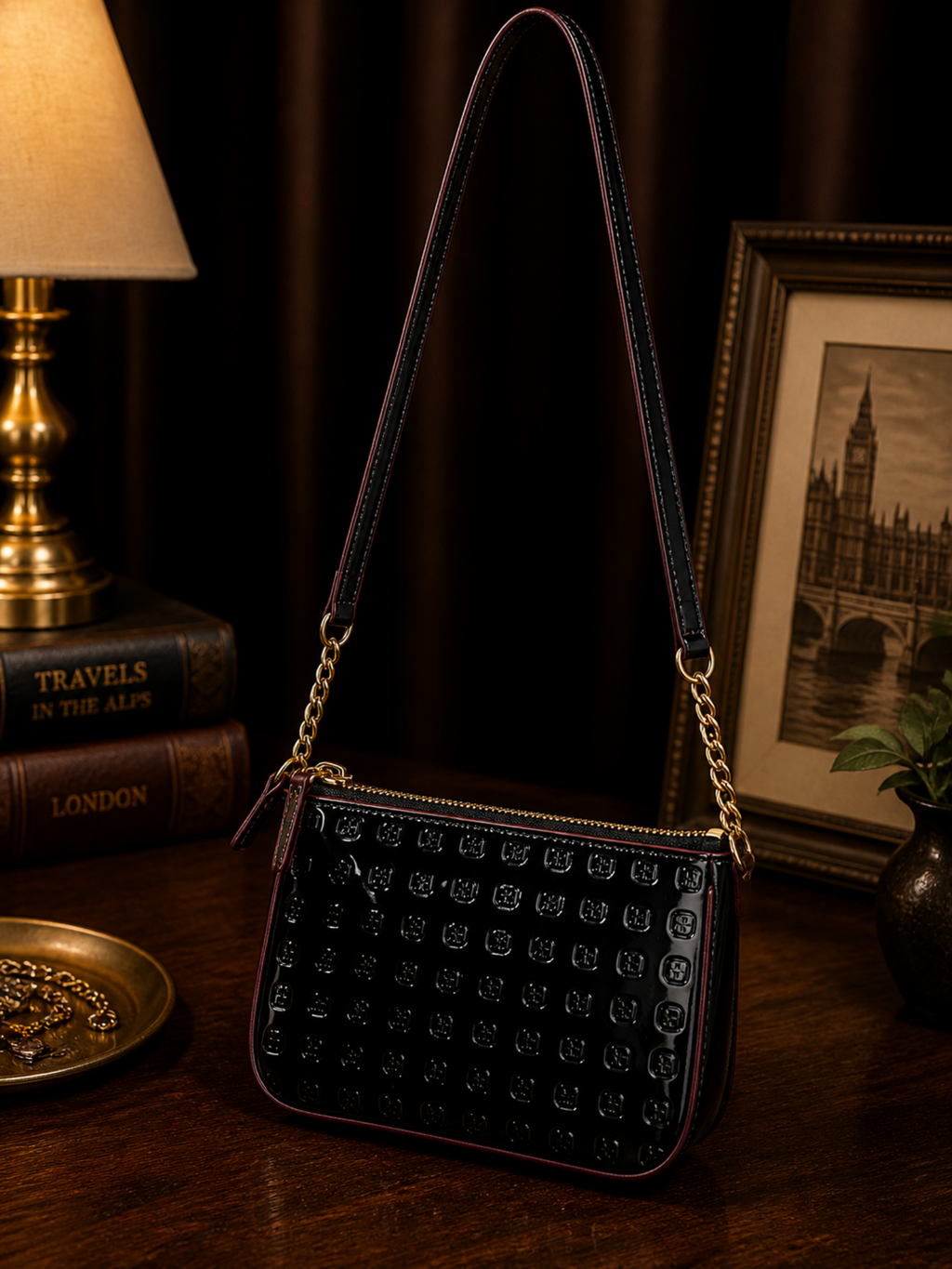 Arcadia Black Patent Leather Embossed Shoulder Bag