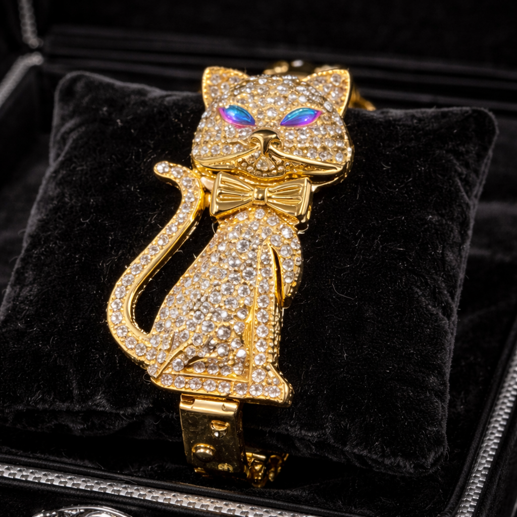 Vintage Wincci Crystal Cat Bracelet with Hidden Watch (NOT WORKING/PARTS OR REPAIR ONLY)