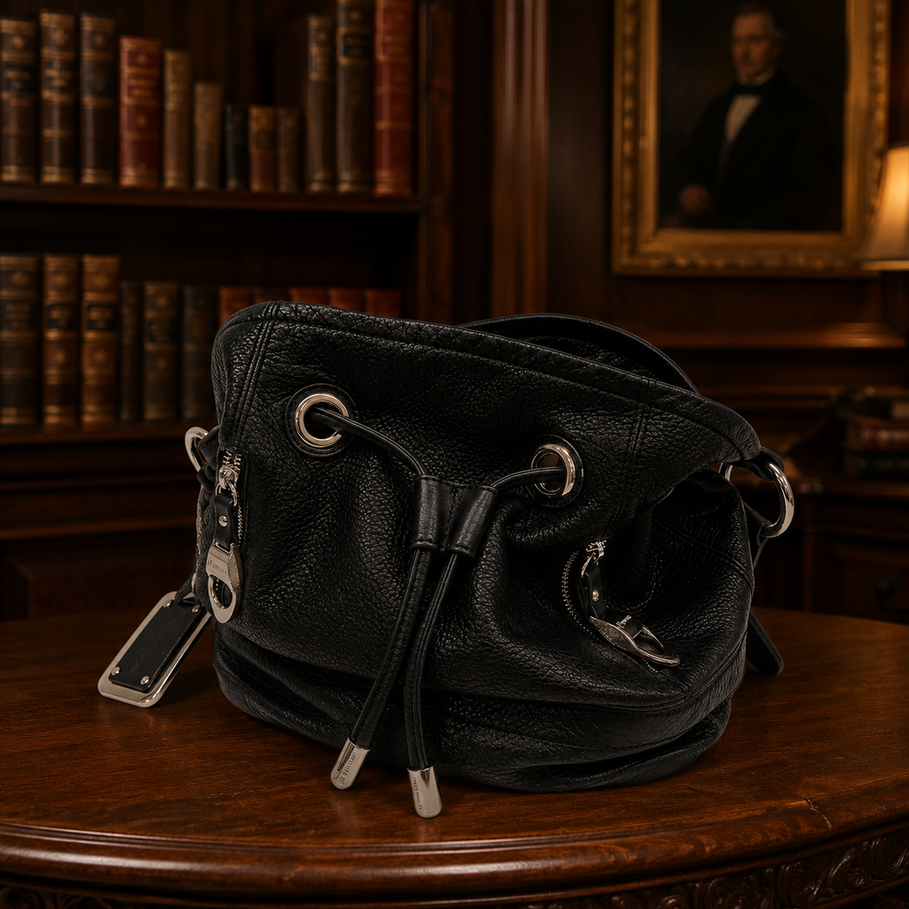 B. Makowsky Black Drawstring Leather Purse with Silver Hardware and Leopard Interior