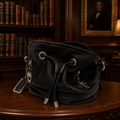 B. Makowsky Black Drawstring Leather Purse with Silver Hardware and Leopard Interior