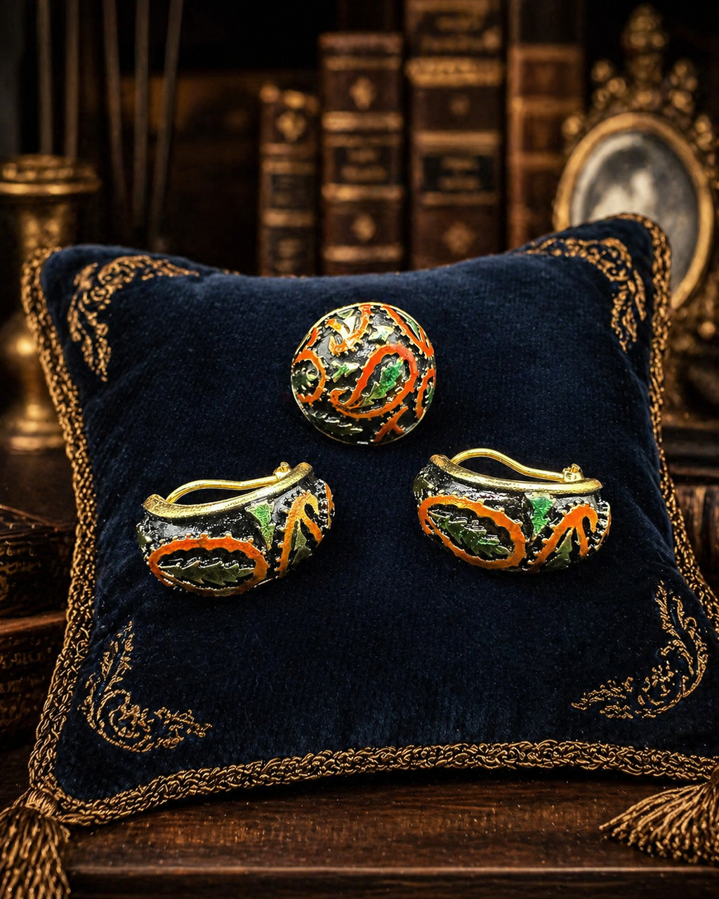 Gold Tone Black Orange and Green Jewelry Set