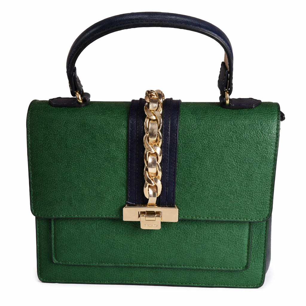 Green Structured Top Handle Handbag Gold Chain Accent Elegant Boutique Satchel Purse