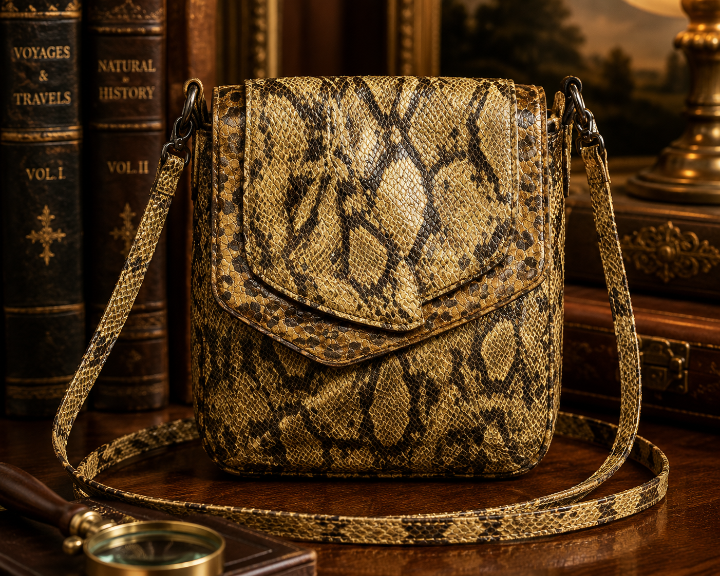 Carlos Falchi Gold and Black Snakeskin Print Crossbody Bag with Flap Front