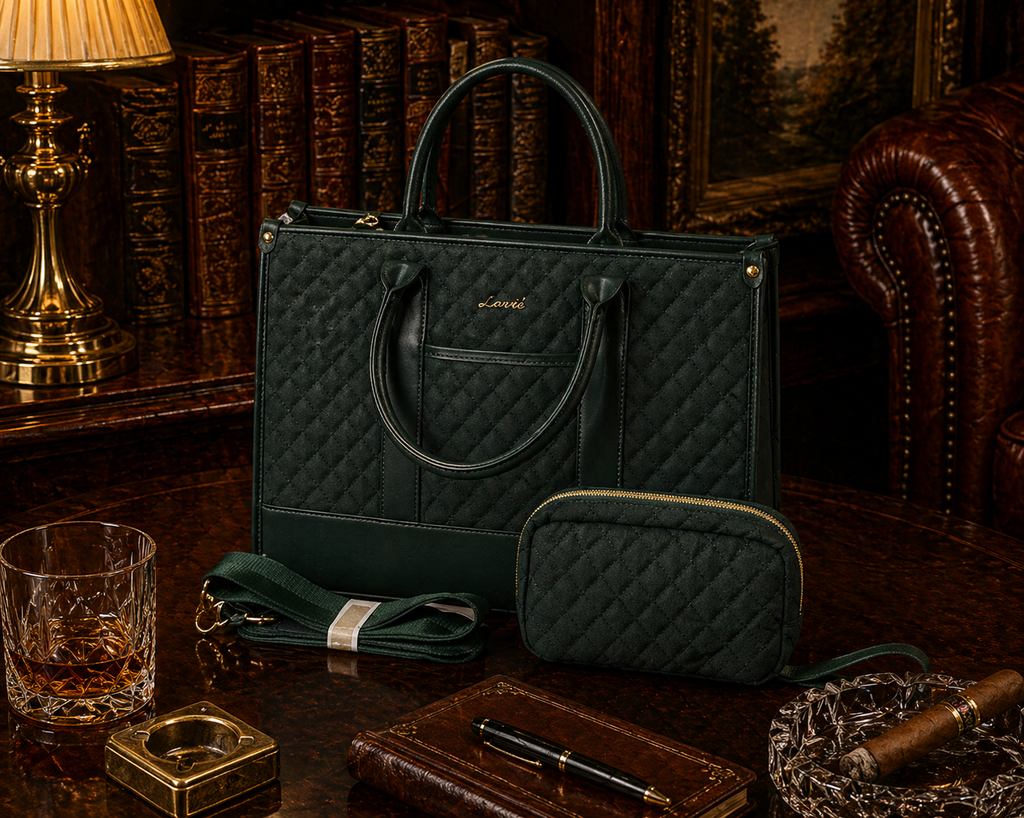 Green Quilted Laptop Briefcase Set – Tote Work Bag with Matching Case & Strap – Office Travel Carryall