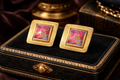 Laurel Burch Enamel Floral Clip Earrings Gold Tone Rectangular Panel French Clip Vintage Signed