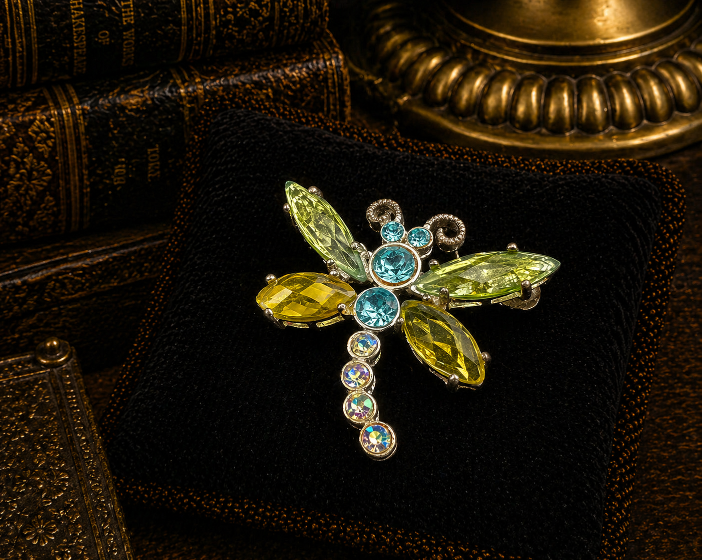 Silver Tone Blue and Green Crystal Dragonfly Brooch