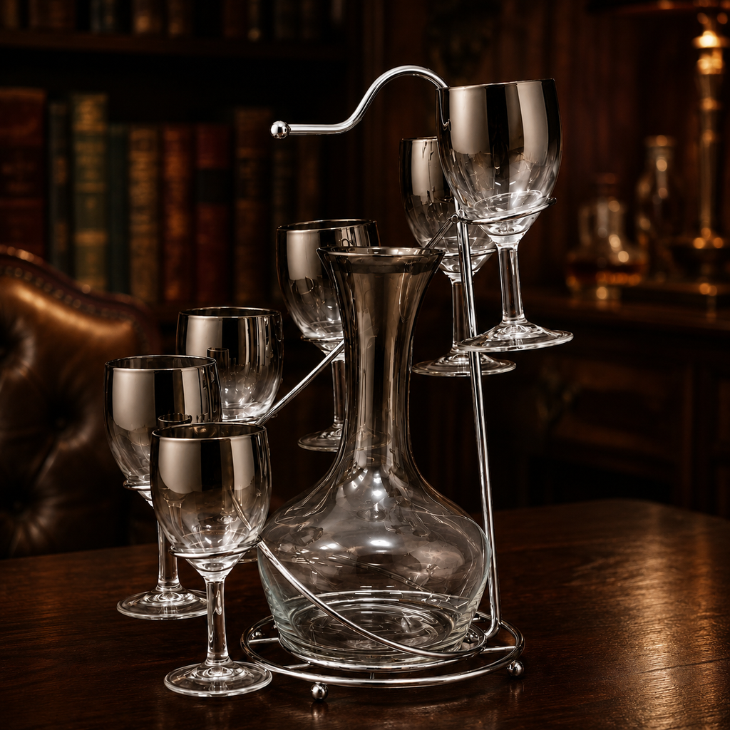 Vintage MCM Silver Fade Decanter & Wine Glass Set with Caddy | 7-Piece Chrome Barware Set