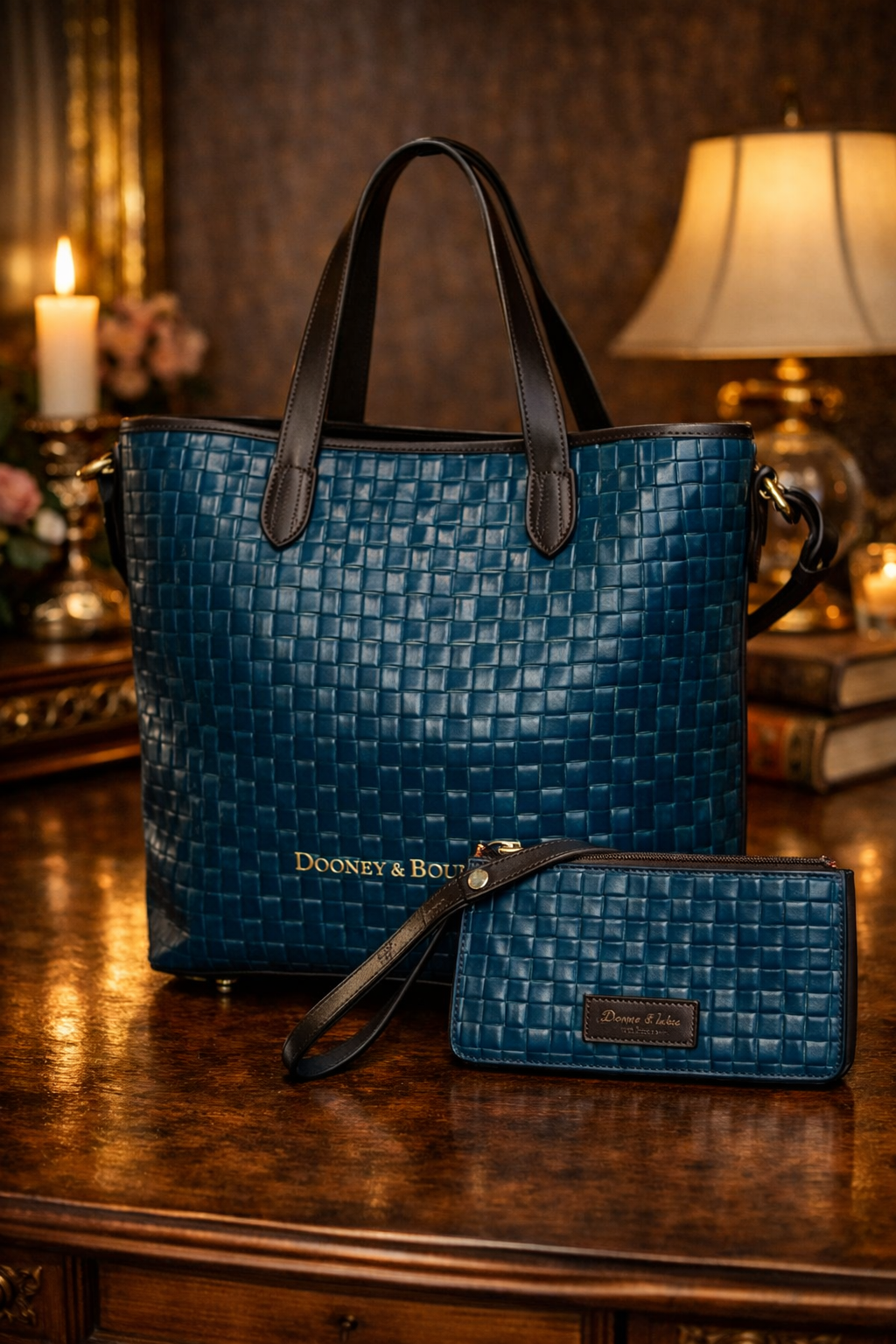 Dooney & Bourke Lilliana Teal Woven Leather Tote with Matching Wristlet, Gold Hardware Set