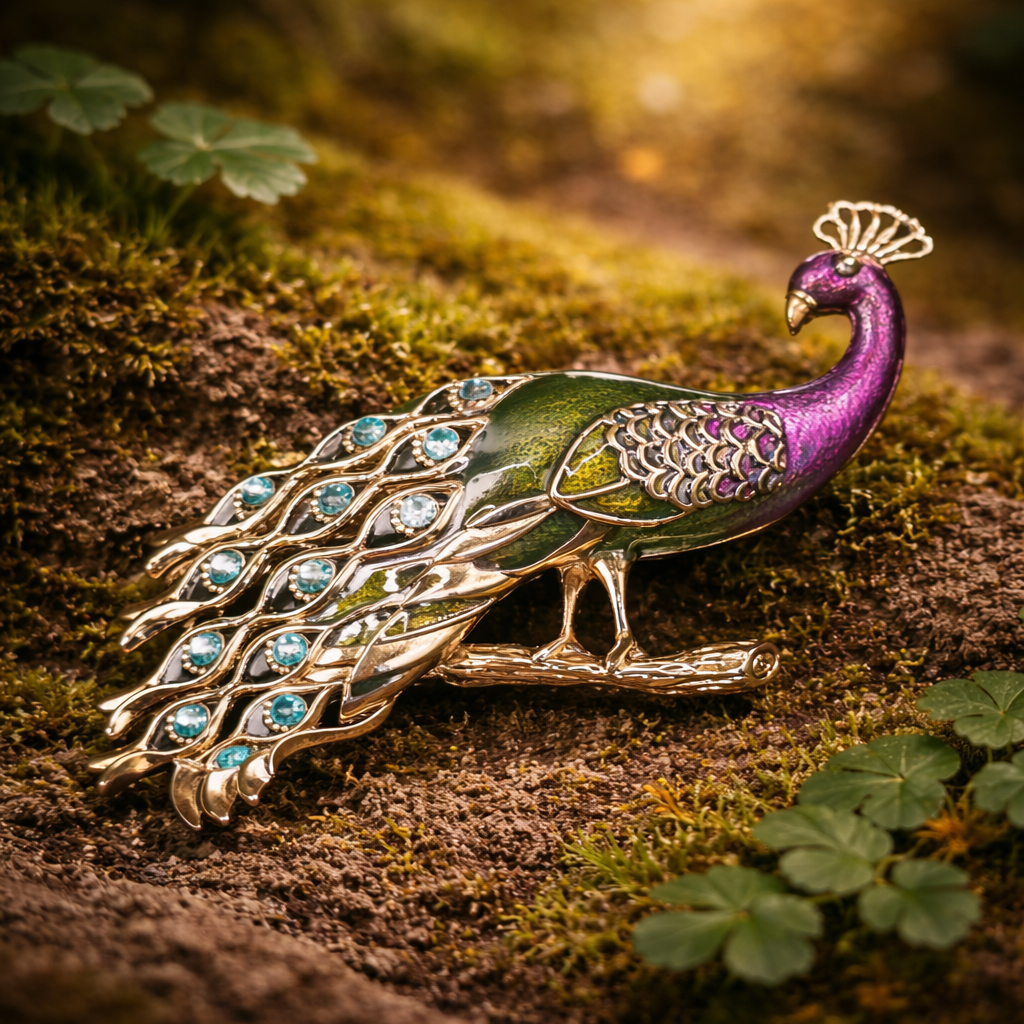 Gold tone enamel peacock brooch with green and purple body and blue stones