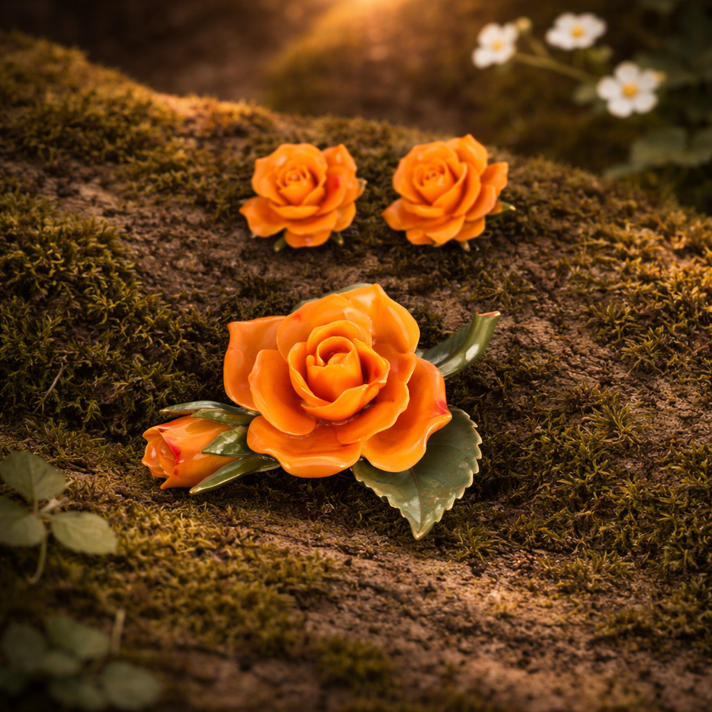 Orange Rose Brooch and Matching Clip-on Earring Set