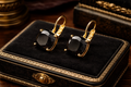 Black Faceted Cushion Cut Drop Earrings Gold Tone Obsidian Style Crystal Dangle Statement