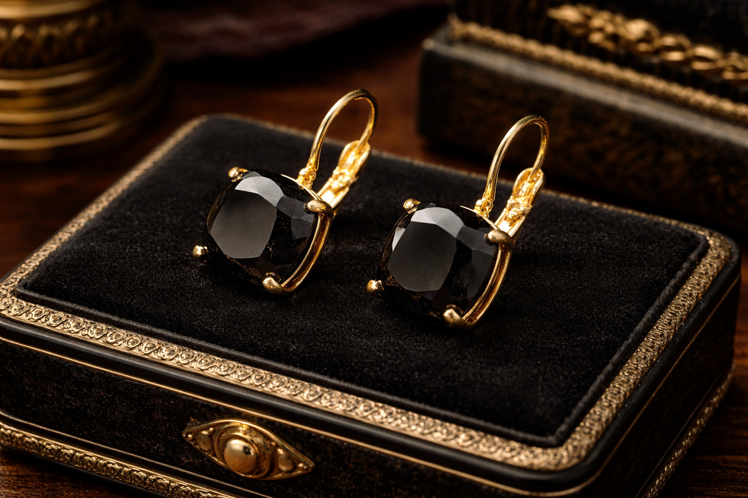Black Faceted Cushion Cut Drop Earrings Gold Tone Obsidian Style Crystal Dangle Statement