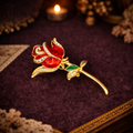 Angel Signed Red Enamel Rose Brooch | Gold Tone Floral Pin with Rhinestone Accent