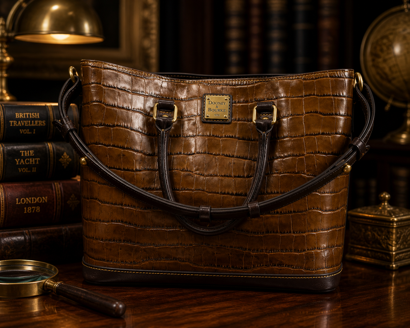 Dooney & Bourke Tan Croc Embossed Leather Tote with Brown Trim