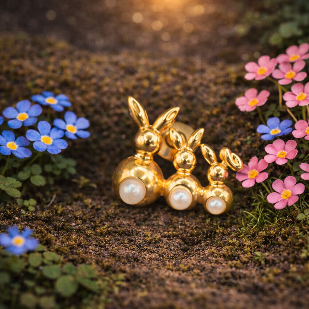 Avon Gold Tone Bunny Family Brooch With Faux Pearl Accents