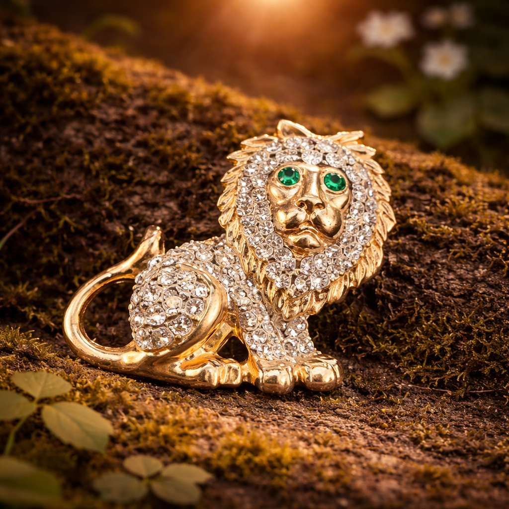 Gold Tone Rhinestone Lion Brooch With Clear Crystals And Green Eyes