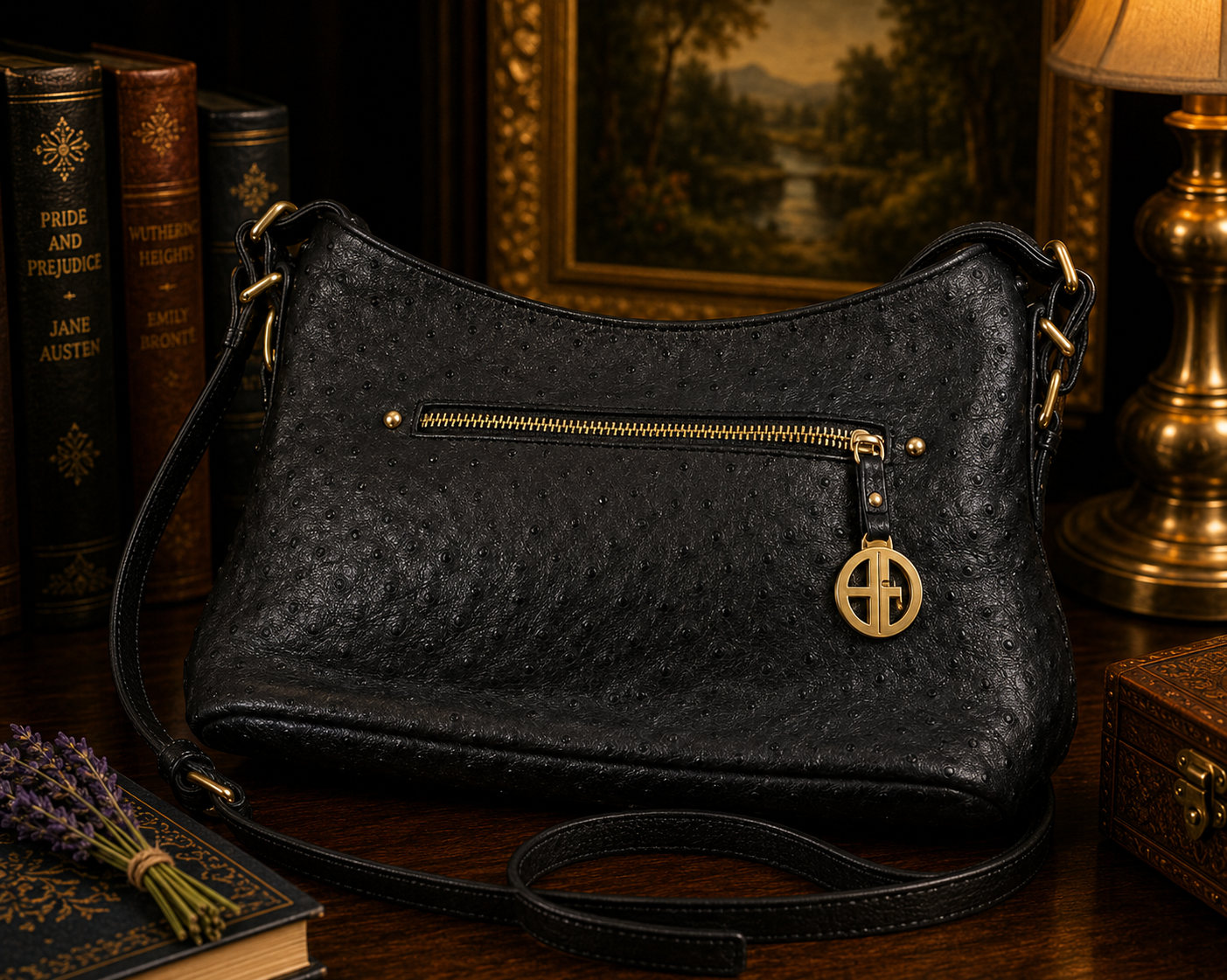 Giani Bernini Black Ostrich Embossed Hobo Handbag with Gold Hardware