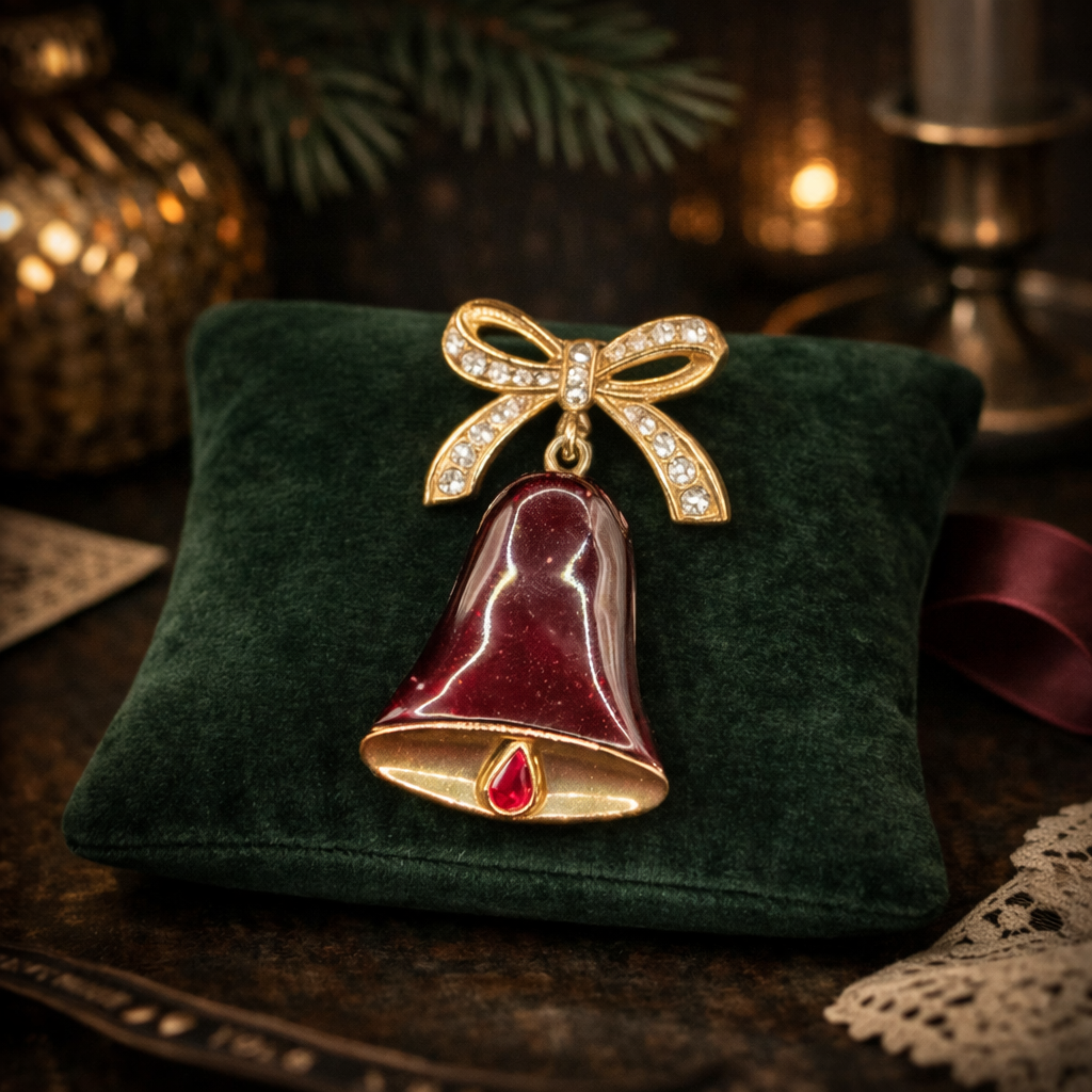 Liz Claiborne Christmas Bell Brooch Red Enamel Holiday Pin Gold Tone Bow with Rhinestones Vintage