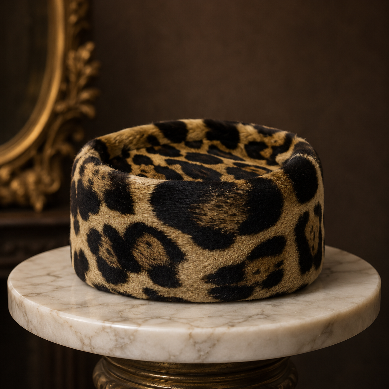 (SOLD) Vintage 1960s Forecast Kaufmann’s Leopard Print Real Fur Pillbox Hat | Mid-Century Statement Hat