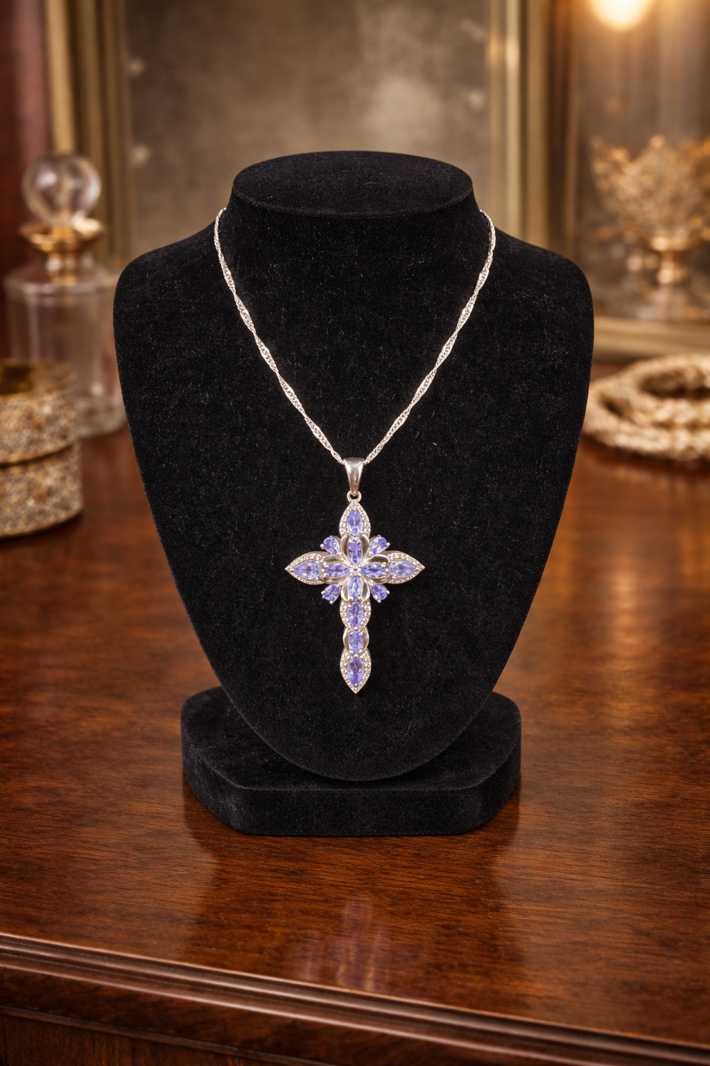Silver tone cross pendant necklace with lavender crystal stones