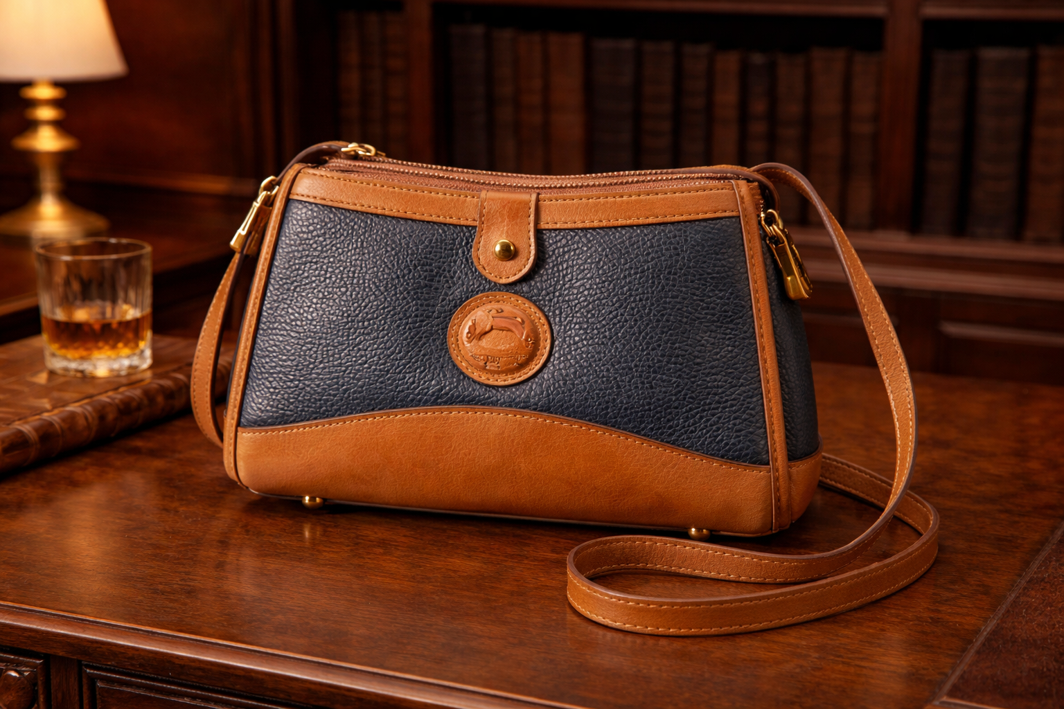 Dooney & Bourke AWL Navy Blue Pebble Leather Crossbody Bag with British Tan Trim | Vintage All Weather Leather