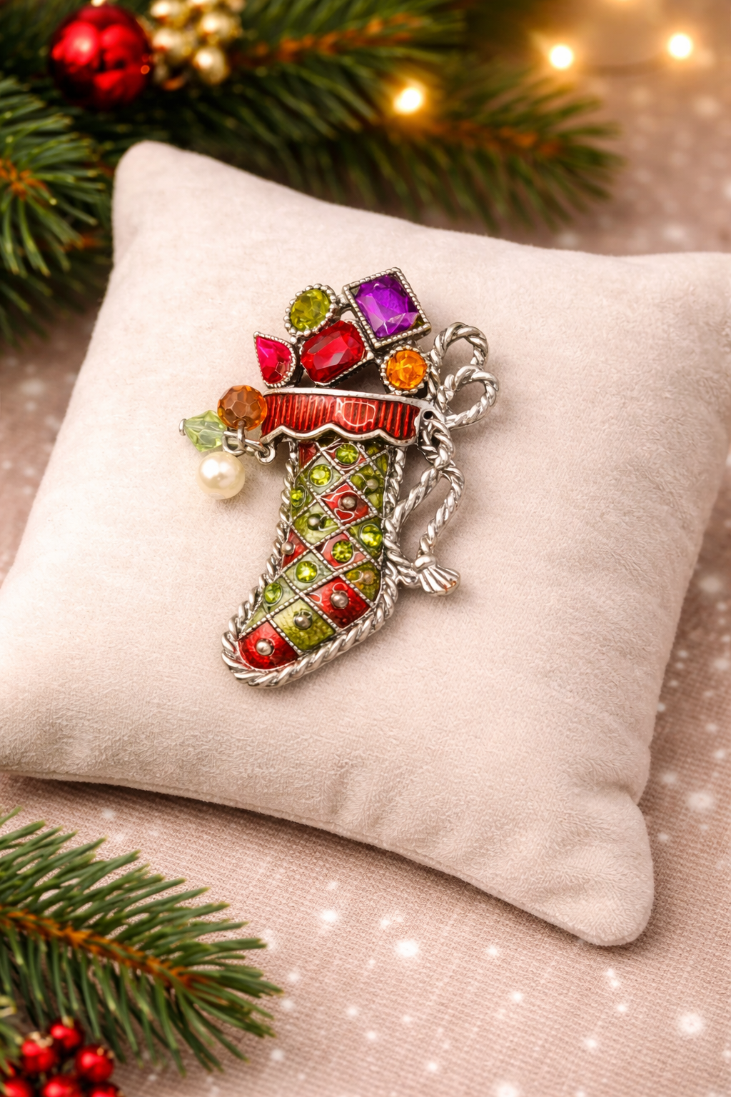 Vintage Kenneth Cole Christmas Stocking Brooch Multicolor Rhinestone Holiday Pin
