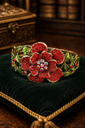 Red Crystal Flower Bracelet Hinged Cuff Rhinestone Floral Statement Bracelet Enamel Leaf Accent Bold Jewelry