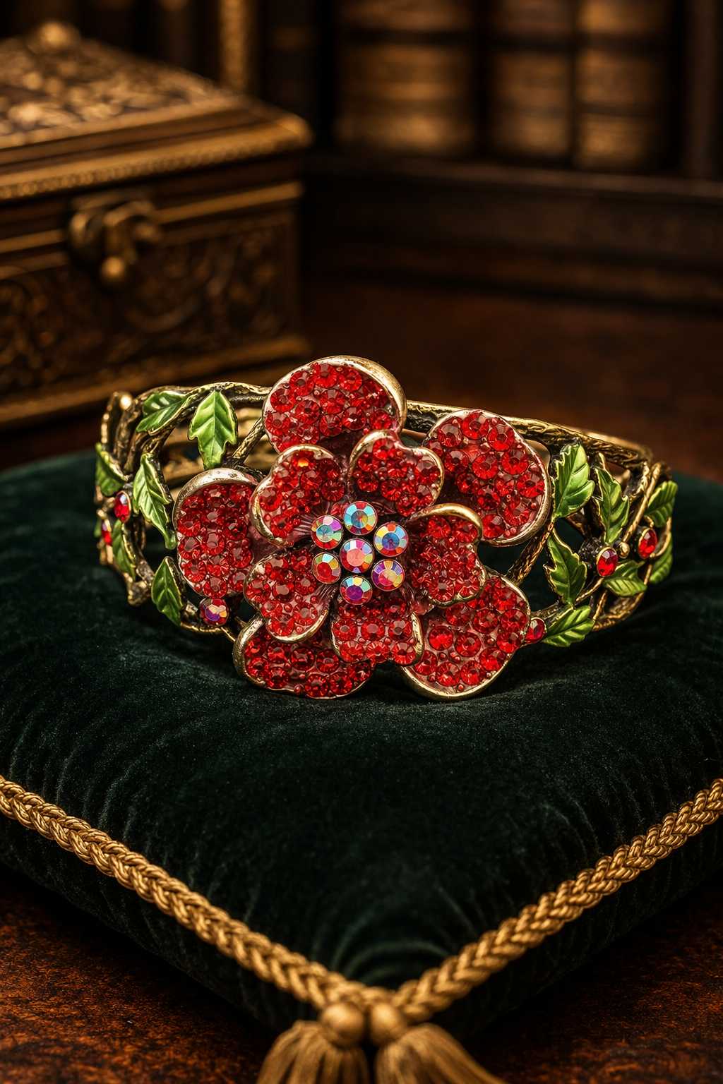 Red Crystal Flower Bracelet Hinged Cuff Rhinestone Floral Statement Bracelet Enamel Leaf Accent Bold Jewelry