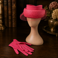 Linda Ferrell New York Pink Straw Hat and Glove Set | Vintage Occasion Hat with Veil Detail