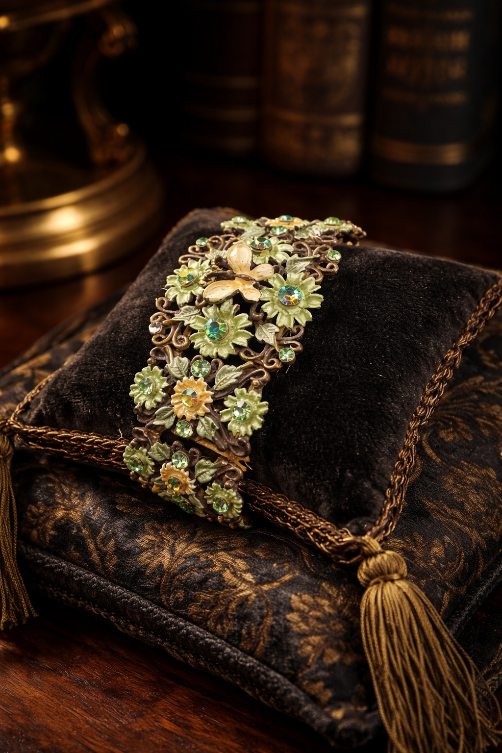 Vintage Floral Green Crystal Bracelet Antique Bronze Tone Wide Filigree Cuff Statement Garden Glam