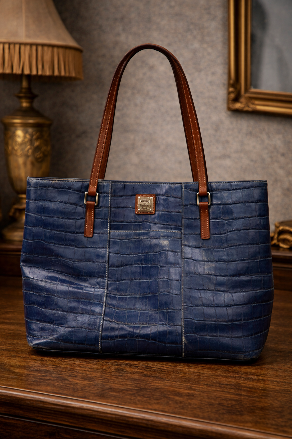Dooney & Bourke Blue Croc Embossed Leather Tote Bag | Red Lined Designer Shoulder Carryall