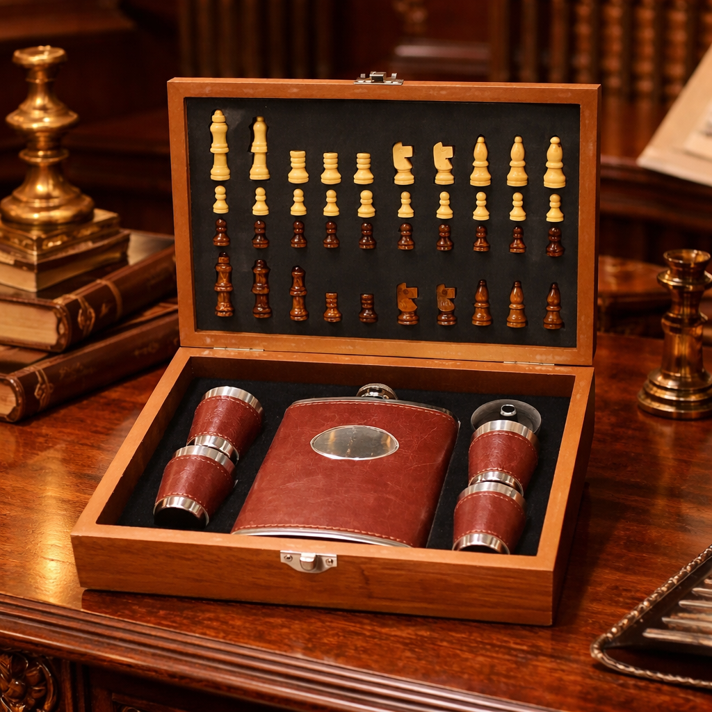 Gentleman’s Wooden Chess & Hip Flask Gift Set Leather Flask Shot Cups Bar Set w Case