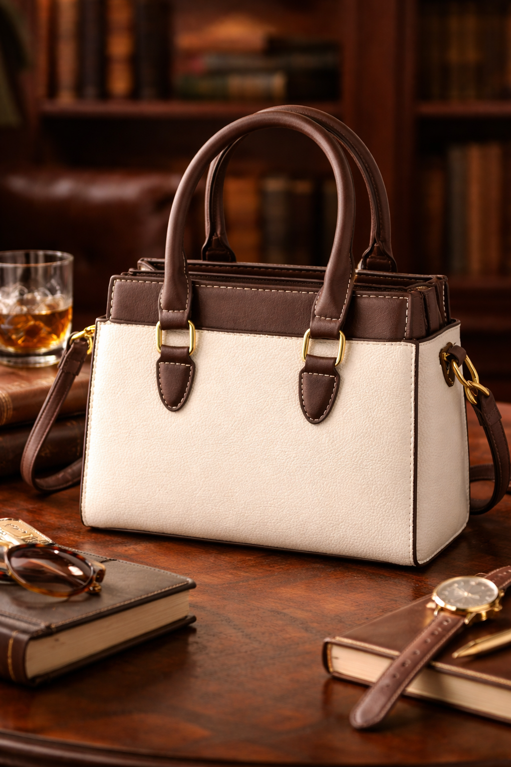 Chic Cream & Brown Mini Structured Satchel Crossbody | Elegant Neutral Colorblock Handbag 8.75”