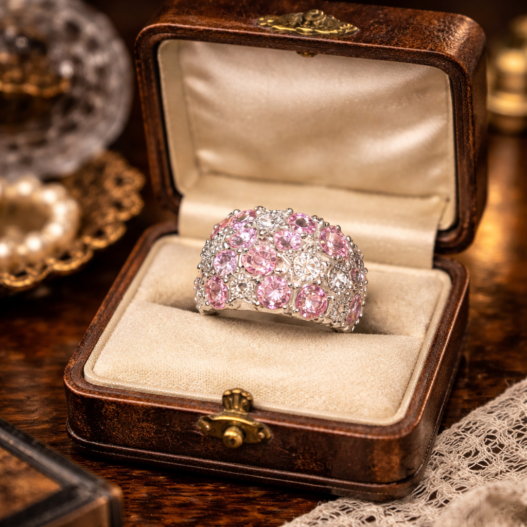 925 Sterling Silver Pink and White CZ Star Cluster Cocktail Ring Size 5.25 Statement Dome Ring