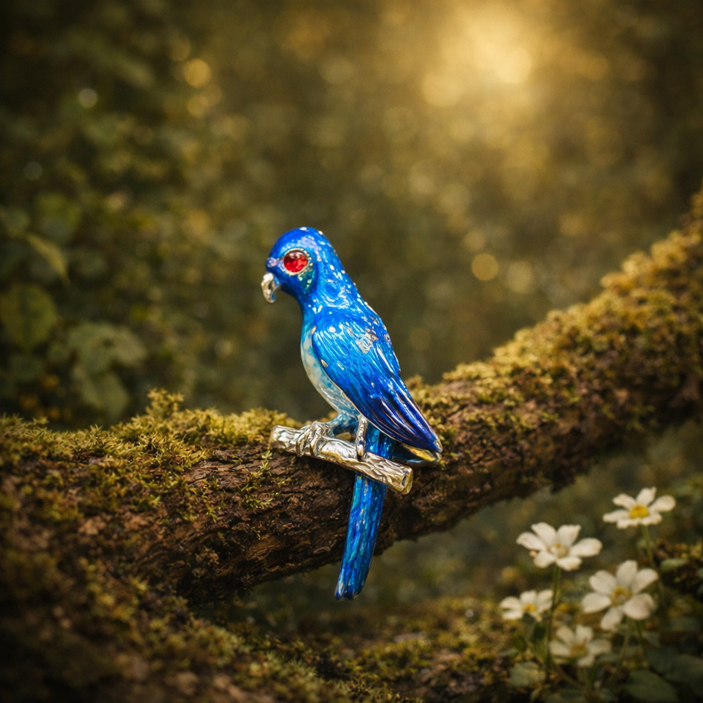 Blue enamel parrot brooch on branch with gold tone trim