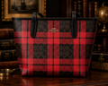 Title Coach Red Plaid Signature Coated Canvas Tote Bag with Black Leather Trim